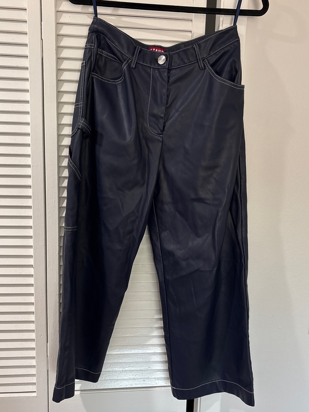 STAUD Navy Faux Leather Wide-Leg Pants